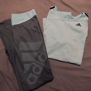 Mint green adidas leggings and workout shirt
